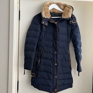 Zara Woman Navy Jacket with Faux Fur and Belt